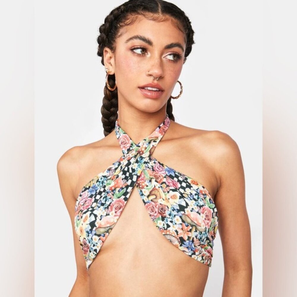 NWT  For Love & Lemons Deidre Checkered Mushroom Print Cross Front Halter Top